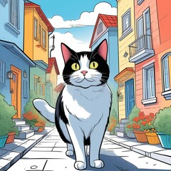 Cat walks on the streets of the city, cartoon, comic book