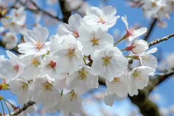 Beautiful cherry blossoms in full bloom against the backdrop of a blue sky, in the style of a cherry blossom festival concept, captured with a wide angle lens