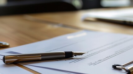 Real estate documents on a table, close-up, detailed contract text, pen ready for signing 