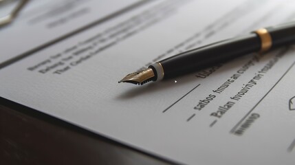 Real estate documents on a table, close-up, detailed contract text, pen ready for signing 