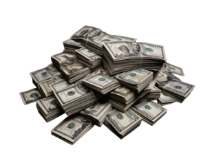 Stack of US dollar bills combined into one, isolated on transparent background. Generative AI