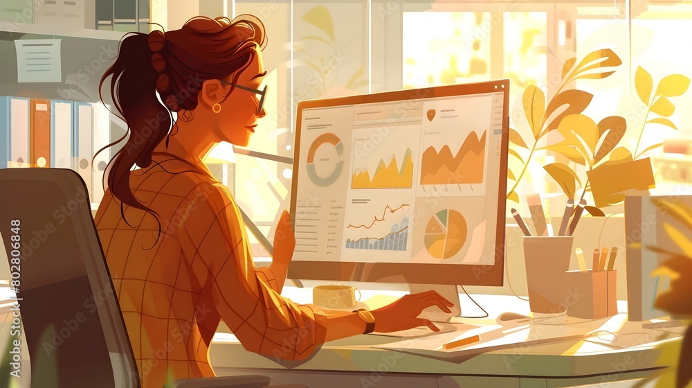 Poster diligent female manager analyzing business data and reports on desktop computer in well lit corporat