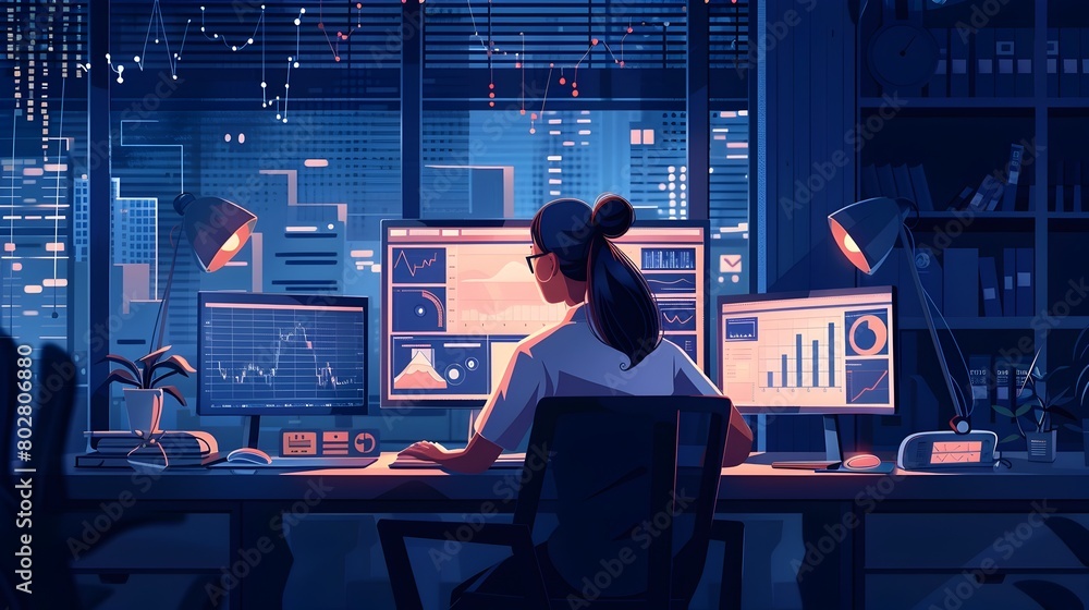 Aufkleber diligent female manager analyzing data and visualizing insights in spacious office environment