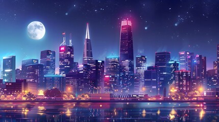 Fototapeta premium Dazzling Metropolis Vibrant Cityscape with Iconic Landmarks and Glimmering Nighttime Skyline