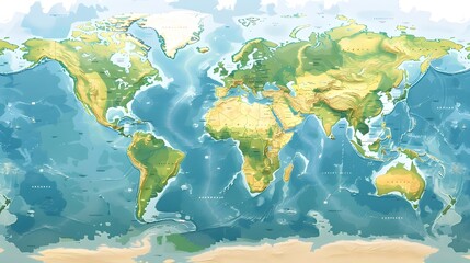 Detailed Illustrated World Map with Geographical Regions and Landforms