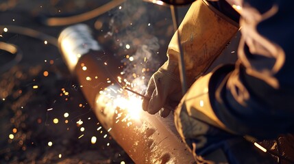 Close-up of a worker's hands welding a pipe, bright sparks, clear focus on action