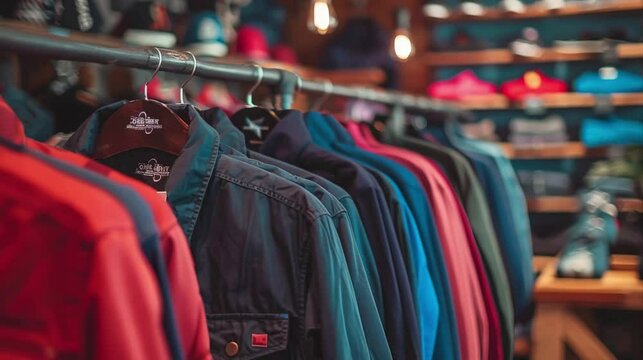 Vividly Colored Jackets Displayed on Wooden Hangers in a Stylish Clothing Store