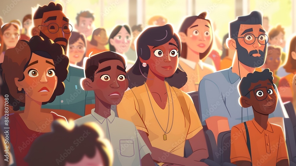 Aufkleber diverse audience intently listening and engaging during presentation or lecture in animated cartoon 