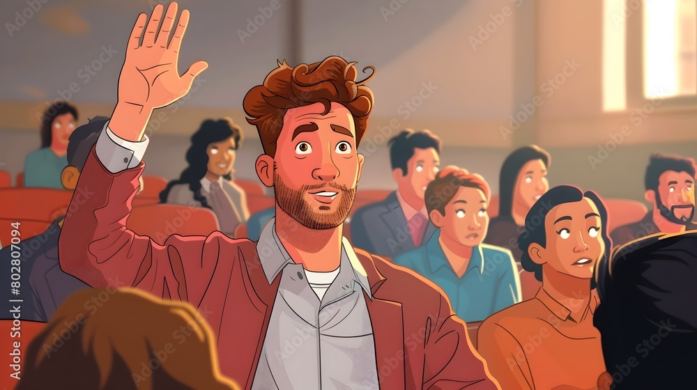 Aufkleber diverse audience participant raising hand to ask question during interactive discussion or presentat