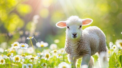 Young lamb in daisy field on summer day, serene farm animal scene with text space