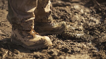 Construction boots on rugged terrain, close-up, detailed mud and dirt, clear focus