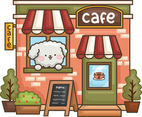 a cute poodle running a cafe
