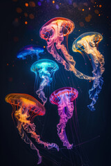 Vibrant Jellyfish Dance, Illuminating the Deep Blue