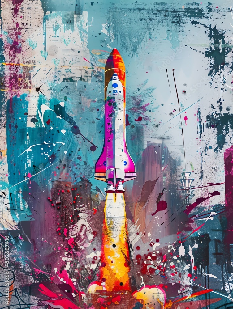 Aufkleber capture the dynamic clash of space exploration and street art with a tilted angle view show a rocket