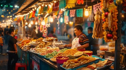 Colorful Mexican Street Food Market At Night, Festive Cinco de Mayo Decorations, Assortment Of Traditional Foods, Buzzing With Activity, AI Generated