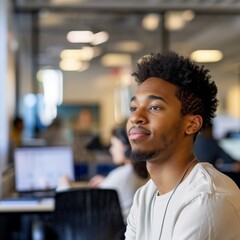 A young Black entrepreneur in a startup office, tech devices and collaborative spaces blurred in the background. 