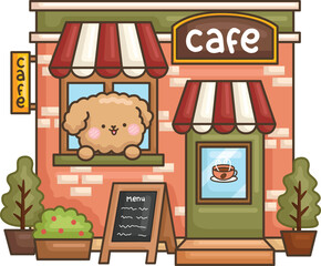 a cute poodle running a cafe