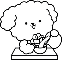 a cute poodle preparing a coffee in black and white coloring