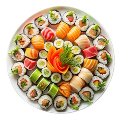 Sushi rolls on tray isolated on transparent background.