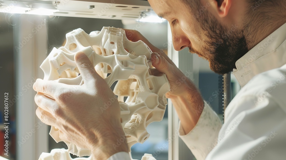 Poster engineer examining a 3d printed part, close-up, detailed texture and structure