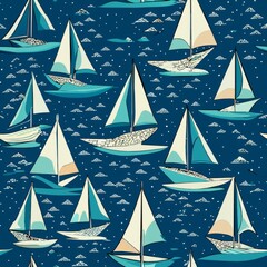 Seamless pattern of sailboats gliding on sparkling waters, Generative AI