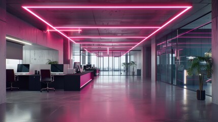 a modern office open space high ceiling pink lights