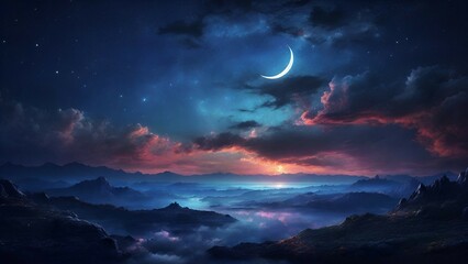 Fantastic night sky with moon and stars. Panoramic background