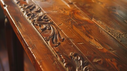 Close-up of restoring antique wood furniture, detailed sanding, clear wood grain  - obrazy, fototapety, plakaty