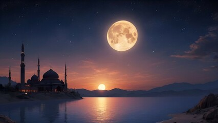 Ramadan Kareem background with mosque and full moon. Ramadan Kareem background