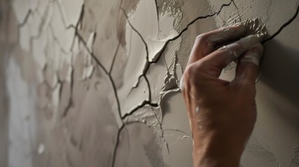 Obraz premium Close-up on plaster being applied to a cracked wall, detailed texture, focused work
