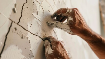 Close-up on plaster being applied to a cracked wall, detailed texture, focused work 