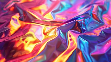 Vibrant surface of crumpled holographic material with a shiny, Foil Texture.