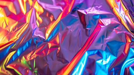 Vibrant surface of crumpled holographic material with a shiny, Foil Texture.