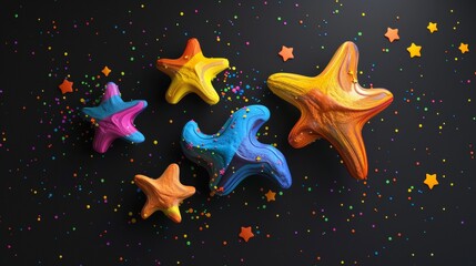Fototapeta premium Clay colorful stars isolated on black background, style 3D, starry night.
