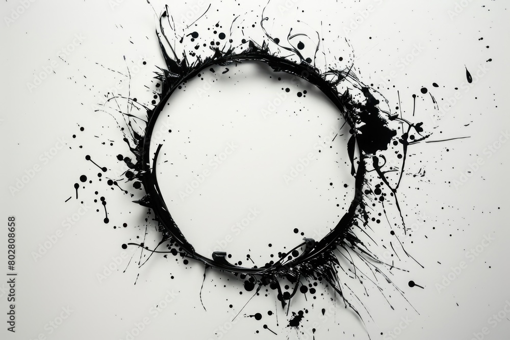 Poster a circle created from black paint splatters on a white surface. suitable for artistic and abstract c