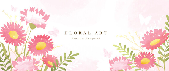 Abstract floral art background vector. Botanical watercolor hand drawn flowers paint brush line art. Design illustration for wallpaper, banner, print, poster, cover, greeting and invitation card.