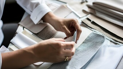 Obraz premium Close-up of an interior designer selecting fabric swatches, detailed textures, clear colors