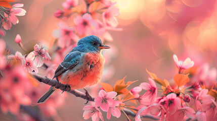 Colored cute bird on cherry blossoms