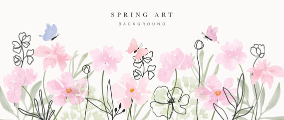 Abstract floral art background vector. Botanical watercolor hand drawn flowers paint brush line art. Design illustration for wallpaper, banner, print, poster, cover, greeting and invitation card.