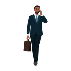 Young black businessman walk with cellphone talking and holding briefcase. Flat vector illustration isolated on white background