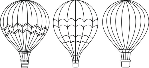 Set of cute hot air balloons cartoon coloring page vector illustration. Summer coloring page for kids