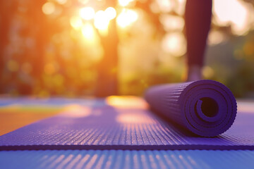 : Close up of a yoga mat with a woman in the background doing a yoga pose, sunlight shining through, focused on the closeup of the yoga mat with copy space, a pastel color combination of purple, yello