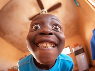 Close-up of a smiling child's face from a low angle, exhibiting pure joy and excitement.