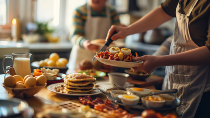 Parents preparing a breakfast buffet for a family gathering, with a spread of pancakes, waffles, eggs, and bacon to please every palate. Compassion and care, responsibility, respec