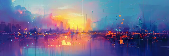 an abstract cityscape featuring a towering skyscraper, a bustling street, and a serene river flowin