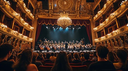 An elegant classical music concert, orchestra in full performance, audience captivated, in a grand...