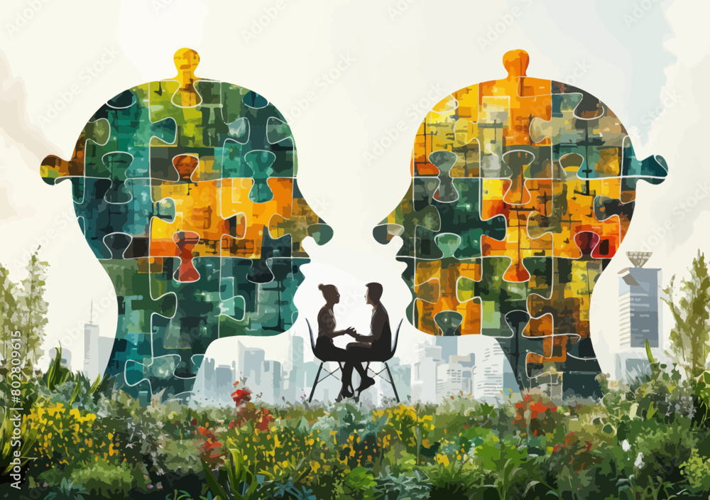 Poster diverse business team solves problems through teamwork, conversation and cooperation - vector illust