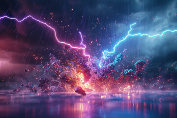lightning strike colored 3d rendering