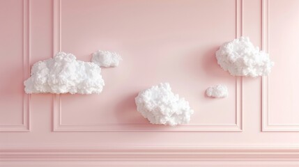 light pink, simple crown molding wall, simple clouds floating, 