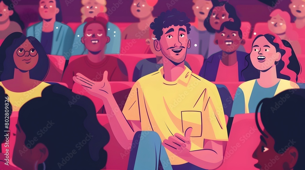 Poster engaged audience member nods in approval during qa session in animated
